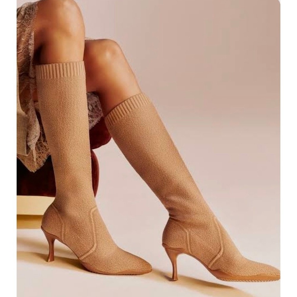Cosy Island BelleVoyage Knit Knee High Block Heel Sock Boot Tan 8 Boho NWOB